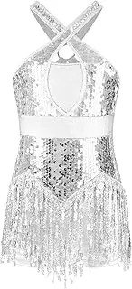 [Rswnyirn] Girls Latin Dance Dress Sequins Tassel Ballet Leotard Dress Tango Rumba Samba Ballroom Dance Costume