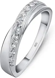 [Amberta] 925 Sterling Silver - Ring for Women - Crossover Band with Zirconia Stones - Twisted Design - Several Sizes: I to P