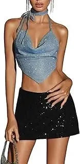 [QYPDIYI] Women's Halter Top Sexy Sparkly Party Club Crop Tops Tie Up Backless Cami Rave Festival Outfits