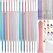 64 Packs Stainless Steel Knitting Needle Set Colored Straight Single Pointed Knitting Needles Aluminum Crochet Hooks Set 14 Size from 2.0-10.0 mm Extra Long Straight Sweater Needles for DIY Knitting