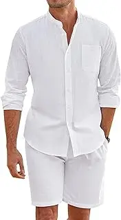 [HanzhuoLG] Men's Casual Cotton Linen Two Piece Set Solid Color Simple Henley Collar Long Sleeve Linen Shirt & Linen Shorts 2 Pcs Set Small White