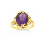 9ct Gold, Amethyst & Diamond Oval Antique Ring in Purple