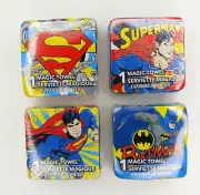 Lot of 4 Superman (3) & Batman (1) Magic Towels Expandable Washcloths, DC Comics