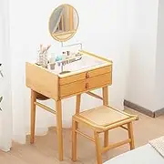 Giantex Bamboo Vanity Set, Makeup Desk with Stool, Dressing Table Set with Storage Alcove, Shelf, Drawers, Adjustable Mirror & Tempered Glass Tabletop, Elegant Dresser Desk for Bedroom, Natural