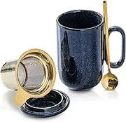 vicrays Ceramic Tea Cup Mug Infuser - Large 16 oz Hot Loose Steeping Handle Teacup with Leaf Spoon Lid Blue Tall Glazed Strainer Coffee Microwave Safe