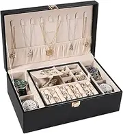 LANDICI Jewelry Box Organizer for Women Girls, Large 2 Layer Men Watch Case with Removable Tray, PU Leather Jewellery Storage Holder Display for Watches Sunglasses Rings Earrings Necklace, Black
