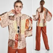Zara Patchwork Silky Soft Floral Peasant Peplum Tie Neck Blouse, NWT, Medium