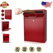 XL Red Locking Wall-Mount Mailbox - Durable Steel Key Drop Box - 16.2H x 11.22L