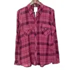 KFTK Boylen Gauzy Plaid Shirt Women’s Size L Flap Pockets Snap Front Roll Tabs