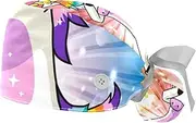 [WOSHJIUK] Working Hat 2 Pack Scrub Caps for Women,Galaxy Animal Rainbow Unicorn,Tie Back Cap Adjustable Scrub Hat