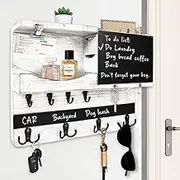 HEKOOLA Farmhouse Key and Mail Holder for Wall Decorative, Mail and Key Organizer for Wall with Different Hooks, Chalkboard, Home Decor with Shelf, Basket, Clips(Pine Wood, White Washed)