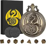 Mini DND Dice Set Steampunk Dragon Pocket Watch Shell Case, 7pcs Polyhedral Metal D&D Dice Set, Dungeons and Dragons Gifts with Gift Box, Role Playing Board Games Accessories, Bronze