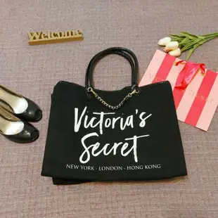 美國帶回 Victoria's Secret  時尚 經典黑 Logo印花 鍊條 帆布 手提包 側背包 肩背包 近全新