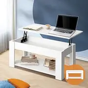 Oikiture Coffee Table with Lift Up Top and Storage Space, Wooden Side Table White