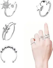 4PCS Anxiety Ring For Women Fidget Rings Adjustable Stainless Steel Relief Fidget Spinner Ring Sun Moon Star Bead Rotatable Fidget Rings for Anxiety (Silver), Silver,Stainless Steel