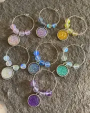 Wine Glass Charms 7 Colors Sparkle Druzy Charms & Matte Glass Moonstone Beads