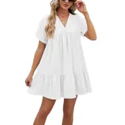 V Neck Babydoll Dresses - White