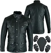 Bikers Gear Australia Motorcycle Jacket - Motorbike Jackets for Men Vintage Style Pure Waxed Leather Black Jacket with Detachable Thermal Vest Removable CE Soft Protectors on Shoulders Elbows & Back