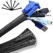 Cable Management, 32.9ft - 1/2 inch Wire Loom, Self-Wrap Cable Organiser, Braided Cable Sleeve with 14 Reusable Cable Ties Included, Cord Organiser for TV/Audio/PC/Automobile