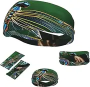 FJWSLCH Dragonfly Green Headbands for Women Men Non Slip Workout Sweatbands Adjustable Sports Hair Bands Elastic Head Bands Moisture Wicking Hairband for Running, Cycling, Yoga, Spa