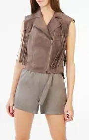 BCBGMaxazria NWT Mike Faux Leather Fringe Vest Spanish Moss Small