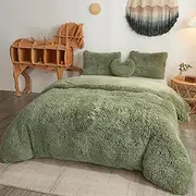 MEGO Luxury Shaggy Faux Fur Duvet Cover Set, Ultra Soft 3 Pieces Fluffy Comforter Cover Set, Fuzzy Bedding Set(1 Plush Furry Duvet Cover + 2 Pillowcases), Zipper Closure(Queen, Sage Green)