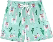 [RPLIFE] Kids Swim Trunks for Boys, Anti Chafe Swim Trunks for Boys 2 T, Whimsical Adorable Llamas Aqua Blue