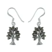 Marcasite Tree of Life Drop Earrings Solid Sterling Silver 925 Hallmark