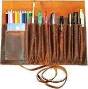 Genuine Leather Pencil Roll Paint brush Case Pen Holder Organizer Brushes Ruler Stationary Pouch for Students Artist Painter & writer with vintage string closure