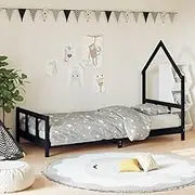 Kids Bed Frame, Black, Single Solid Wood Pine Bed, 92x187 cm, Fun House Design for Imaginative Play, Sturdy Slats, Low Ground Height, Natural Pine Finish, Ideal for Ages 4+