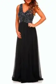 Aidan Mattox V-neck Black Silver Chiffon Ball Gown- Wedding/Prom Sz 2 Silk Prom
