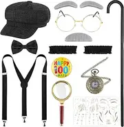 [AOTHSO] 12 Pcs Boy Old Man Costume 100 Days of School Outfit 1920s Kid Grandpa Outfit with Newsboy Cap Suspender Magnify Glass