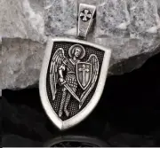 Pendant Mythological Style Archangel St.Michael Protect Saint Shield - Silver