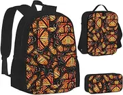 [ERCgad] Heaps Of Orange Monarch Butterflies Print Canvas 3-In-1 School Bags Set Backpack Lunch Bag Pencil Case Combo For Men Women, Black, One Size
