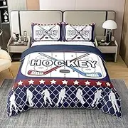 100% Cotton Hockey Bedspread Cover For Bedroom Decor,Hockey Player Ball Gaming Comforter Cover,Sports Theme Full Duvet Cover For Kids Boys,Geometric Stripes Quilt Cover,Modern Fashion Bedding Set