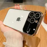 for iPhone 14Plus 12 11 13 Pro Max Soft TPU Plating Frame Transparent Shockproof Cover Large Window Glass Camera Protection Case,Gold,for iPhone 13Pro Max