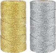 Anwyll Metallic Gold Silver Twine String,Christmas Gold and Silver Twine String Bakers Twine,656Feet 1.5MM Metallic Gold Glitter String for Crafts,Gold Thread for Crafting DIY Gift Wrapping Decoration
