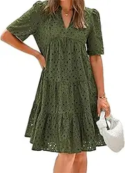 [Generic] Women's Eyelet Lace Mini Dress Summer V-Neck 3/4 Sleeve Midi Dress Button Front Tiered A Line Sundresses