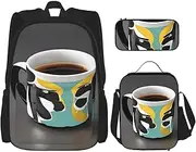 [Torong] Mug Coffee Lightweight Waterproof Backpack Set Of 3 With Lunch Bag Pencil Case For Office School Travel, Black, One Size