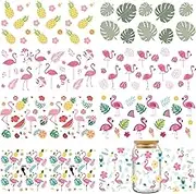 INCOK Transfer Stickers for Crafts, 8 Sheets Summer UV DTF Glass Cups Transfer Stickers Pink Flamingos Pineapple Wrap on 16oz Water Goblet DIY Creative Gift for Summer Activities