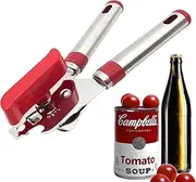 Can Opener Handheld, Can Opener Smooth Edge Manual, No Sharp Edges with Soft Grips, Food Grade Stainless Steel Cutting Can Opener (Red)
