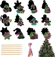 Christmas Scratch Paper Art,Christmas Decorations Craft Art with Wooden Stick and Ribbon | Christmas Paper Art Craft Scratch Paper Cards for Kids Christmas