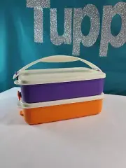 Tupperware Click To Go Stackable Pack N Carry Lunch & Handle Orange and Purple ,