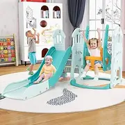 HONEY JOY Kids Slide and Swing Set, 4-in-1 Indoor Playground w/Extra-Long Slide, Height Adjustable Swing, Basketball Hoop & Climber, Toddler Slide Playset w/Basketball & Pump for Kids 18+ Months Old