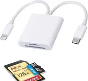 SD Card Reader for iPhone iPad Android, 2 in 1 USB C and Lightning Memory Card Adapter, Dual SD/TF Slots, High Speed Data Transfer, Plug and Play, Compatible with Macbook, Camera, Windows