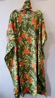 Women Cotton Kaftan Dress Caftan Gown African Dashiki Round neck Green Free Size