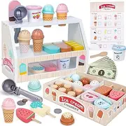 Uandhome Ice Cream Toy,Wooden Ice Cream Toys for Kids Toddlers, Pretend Play Kitchen Food Toys, Ice Cream Counter Shop Playset for Kids, Kids Ice Cream Cart, Toys for 3 4 5 6 7 8 Year Old Girls Boys