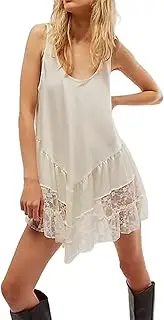[Generic] Women Mini Dress Lace Flowy Short Tank Dress Backless Ruffle Spaghetti Strap Sleeveless Mini Slip Dress