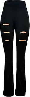 [Generic] Women's Ripped Distressed Flared Jeans Stretch Perforated Bell Bottom Denim Pants Hole Slim Fitting Wide Leg Jean Pants