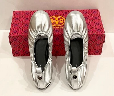 NIB TORY BURCH $198 SILVER EDDIE BALLET FLAT SHOE/Sz 9